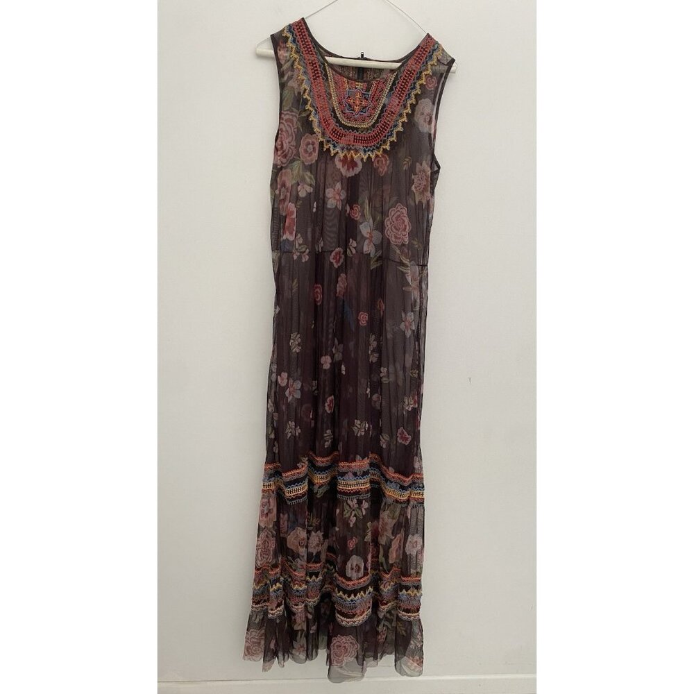 Johnny Was Biya Mesh Overlay Long Dress Floral Embroidered WOMENS sz M Brown